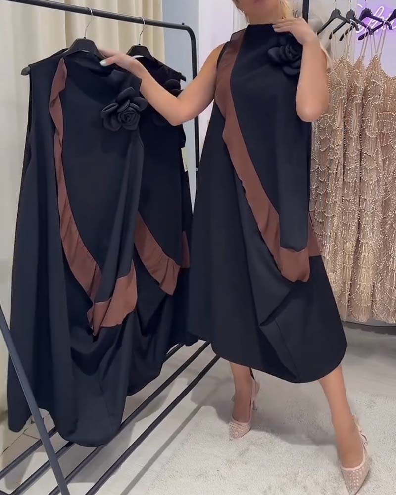 Kleid Dreidimensional Blütenblatt Rüsche Farbkontrast Ärmellos