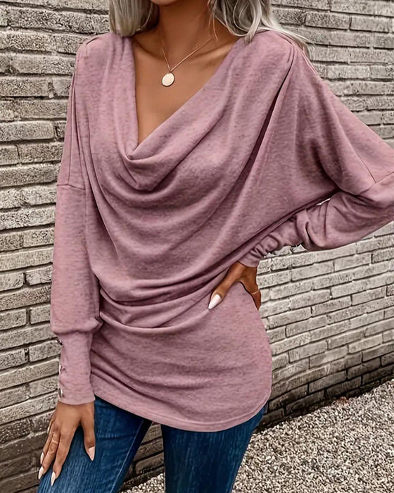 T-Shirt Mock Neck Uni Knopf Langer Ärmel