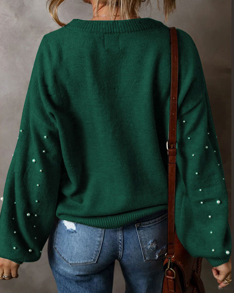 Pullover Mit Perlen Lange Ärmel Rundhals