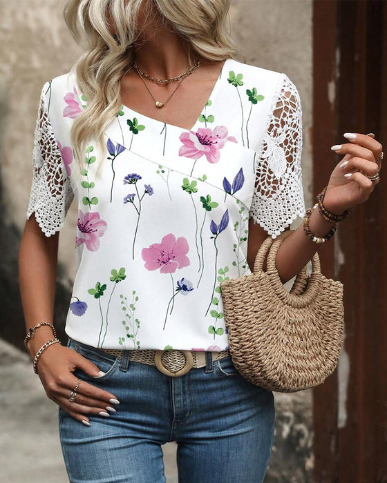 Bluse bedruckt modisch Spitzeneinsatz