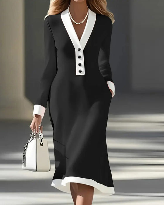 Kleid langärmlig Kontrastfarbe elegant