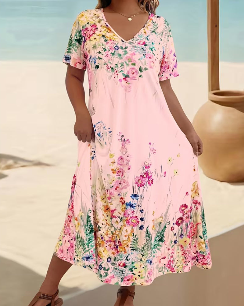 Kleid Aquarell Blumen V-Ausschnitt