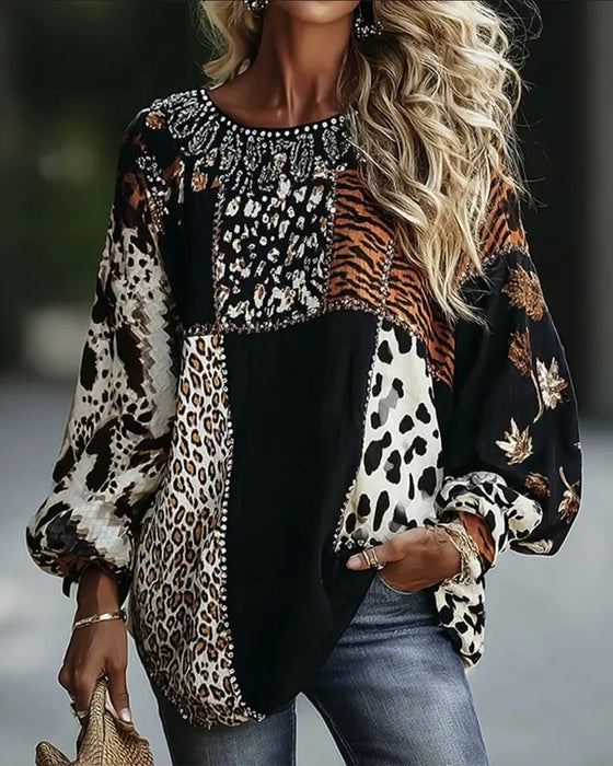 Bluse Rundhals Leopard Tiger Druck Kontrast