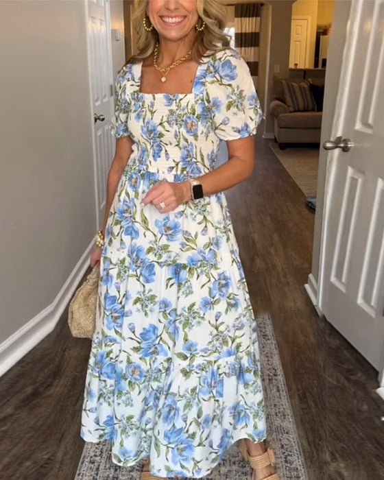 Kleid Quadratischer Ausschnitt Plissiert Blumen A-Linie
