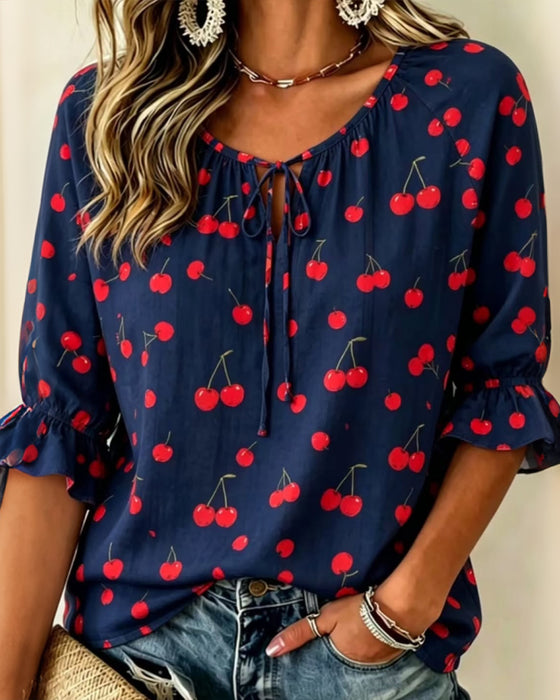 Bluse Kirschen Print Bindung 3/4 Ärmel