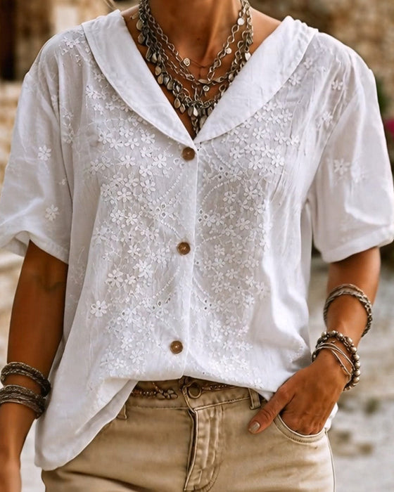 Bluse Revers Knopf Dreidimensional Blumig