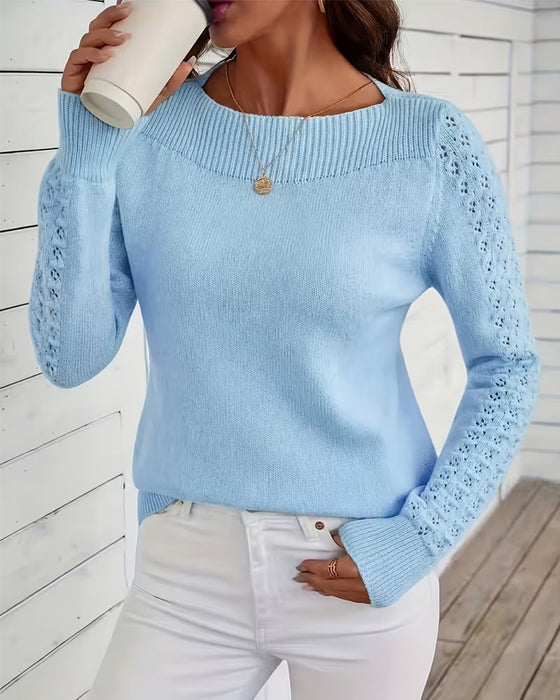 Pullover Bootsausschnitt Hohl Aus Langarm Gestrickt