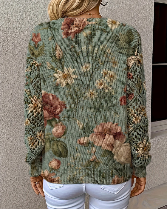 Pullover Jacquard V-Ausschnitt Durchbrochen Langärmelig