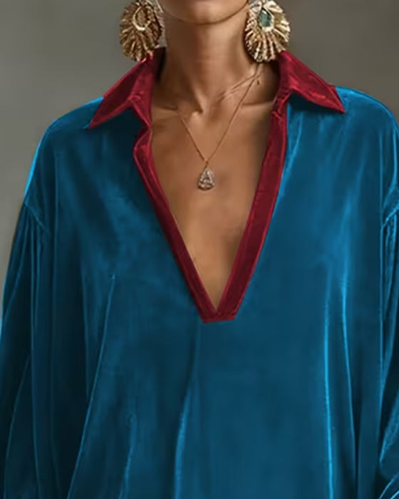 Kleid V-Ausschnitt Revers Kontrast Franse