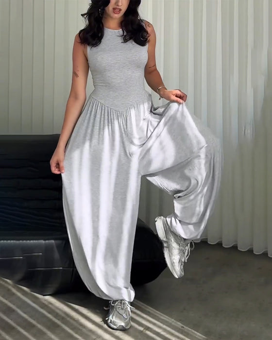 Jumpsuit Rundhals Ärmellos Slim Fit Weites Bein