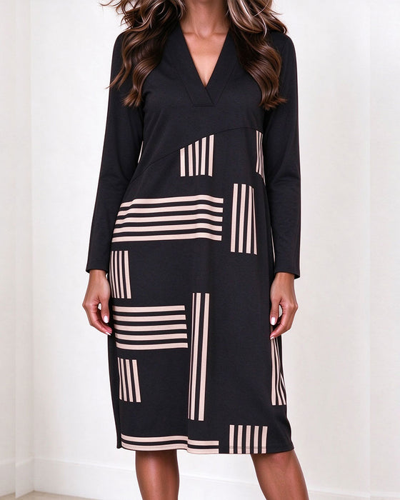 Kleid Geometrisch Gestreift V-Ausschnitt Langarm