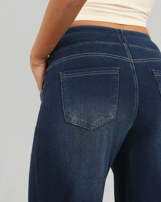 Hose Elastische Taille Denim Weites Bein