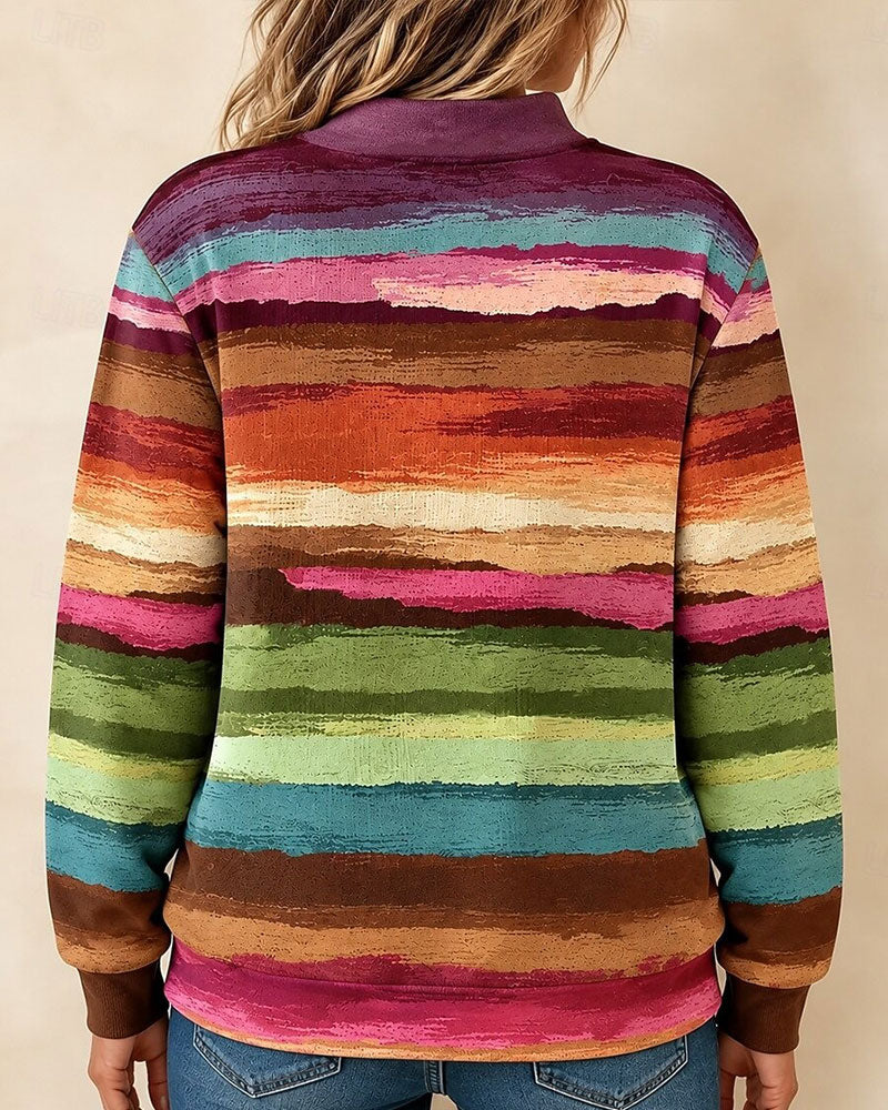 Sweatshirt Vintage Bunt Gestreift Halber Reißverschluss Stehkragen Langarm