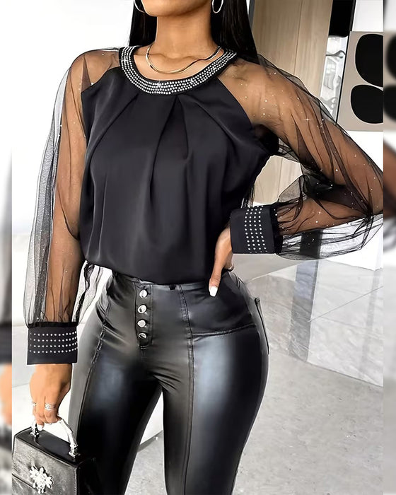 Bluse Heiß Strass Mesh Langarm Modisch