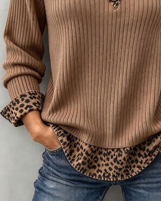 Top Leopardenmuster Patchwork Fake Zweiteilig Gerippt