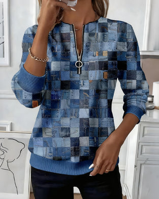 Sweatshirt mit halbem Reißverschluss Kragen Karomuster