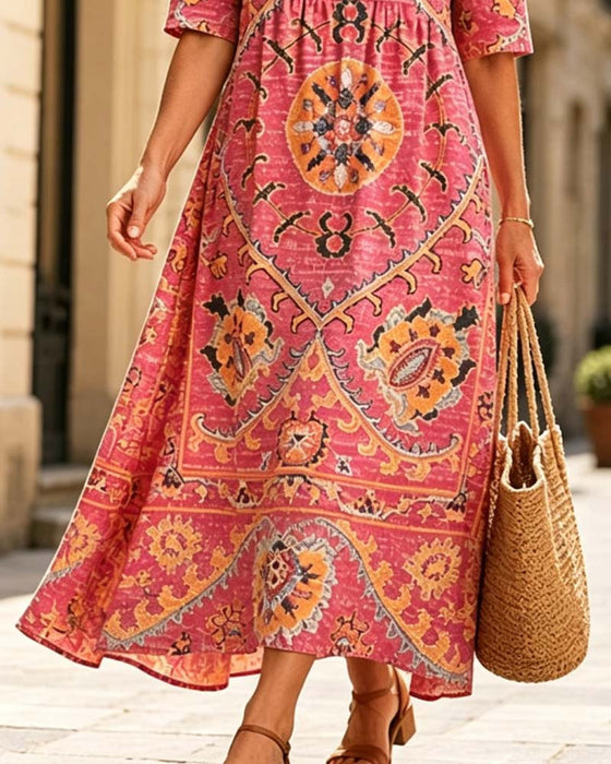 Kleid Mit Rüschenhals Und Bedrucktem Ausgestelltem Rock