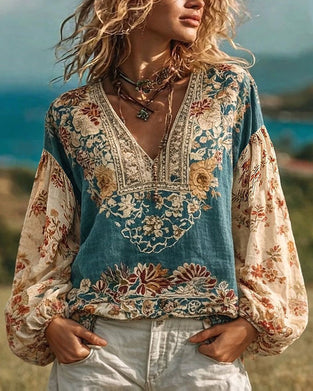 Bluse floral bestickt Puffärmel
