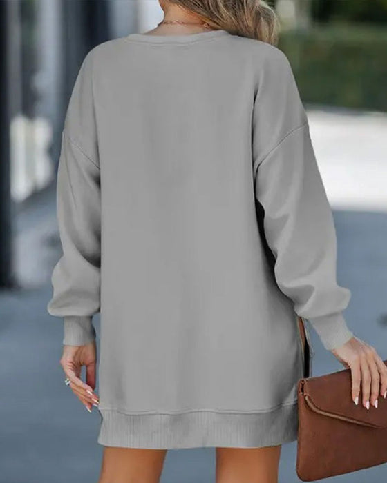 Lässiges Sweatshirtkleid Mit Langen Ärmeln, Reißverschluss Und Schlitz