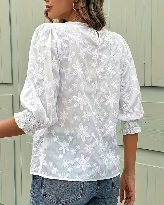 Bluse Rundhals Puffärmel Dreidimensional Blumig