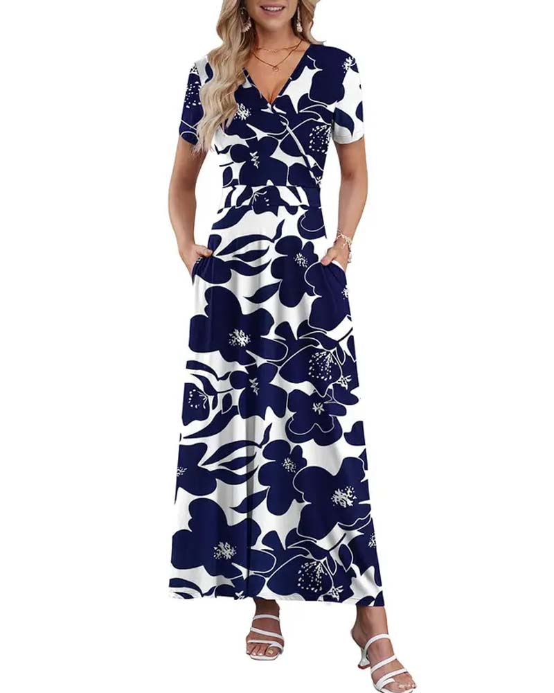 V-Ausschnitt Bedrucktes Kurzarmkleid