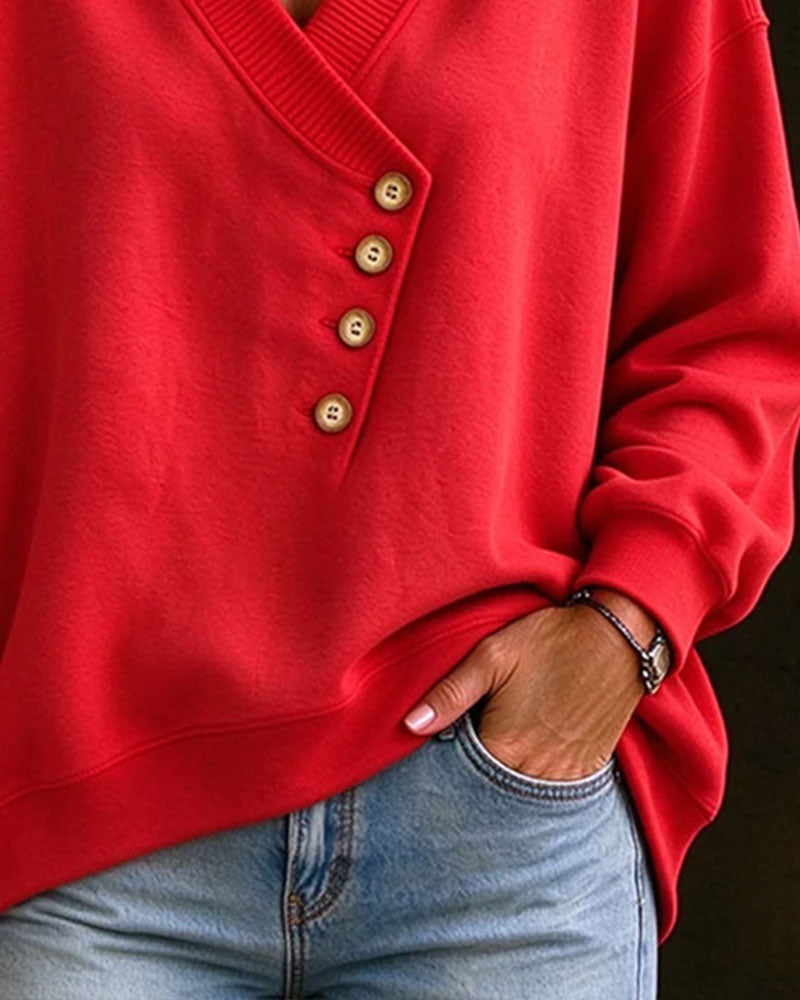 Sweatshirt Diagonal Knopf V-Ausschnitt Pullover