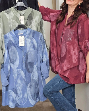 Bluse Knopfleiste bedruckt Tasche