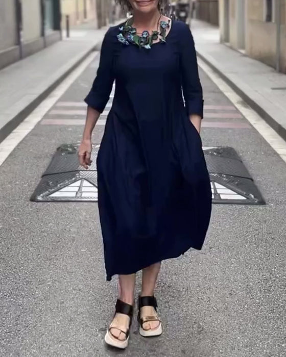 Kleid Runder Hals Uni A-Linie Stil