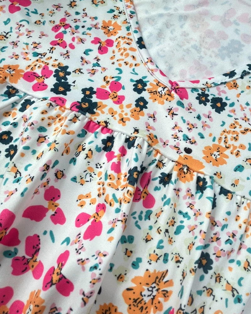 Bluse Blumenmuster V-Ausschnitt Kurzarm