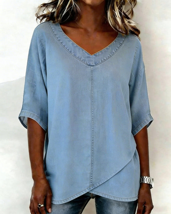 Top V-Ausschnitt Lässig Denim