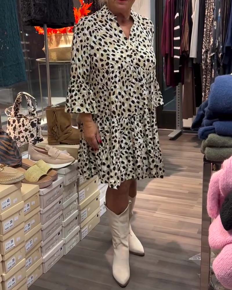 Kleid Glockenärmel Stehkragen Gedruckt