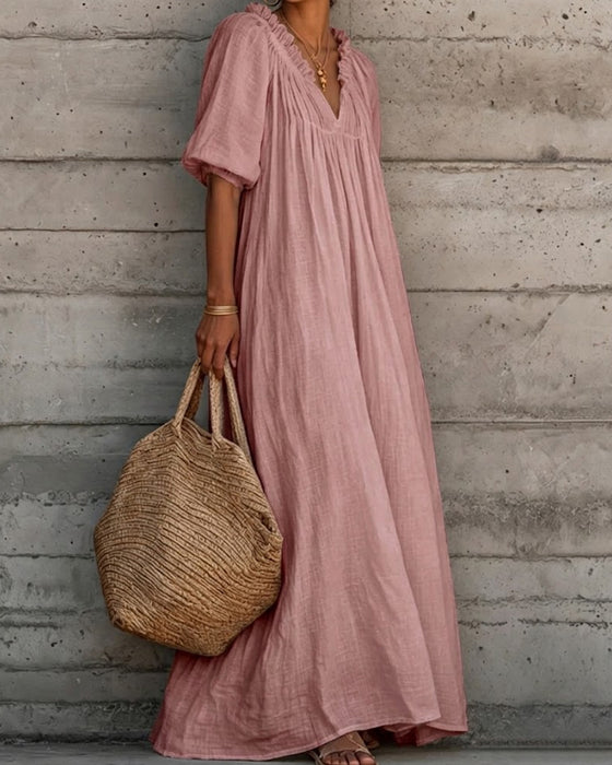 Kleid Rein Weiß Blasenärmel Voll Rock Maxi