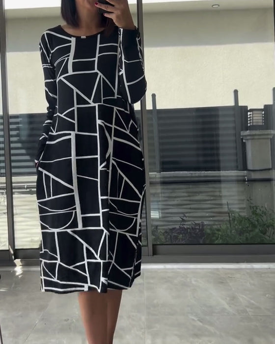 Lässiges Kleid mit Aufdruck, lange Ärmel, Rundhalsausschnitt