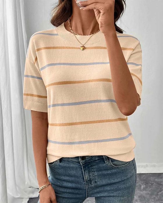 Pullover Streifen Kontrastfarbe Kurzarm Gestrickt