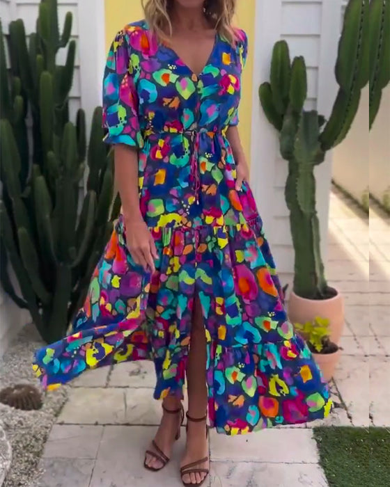 Kleid Laternenärmel Bindeband Bedruckter V-Ausschnitt