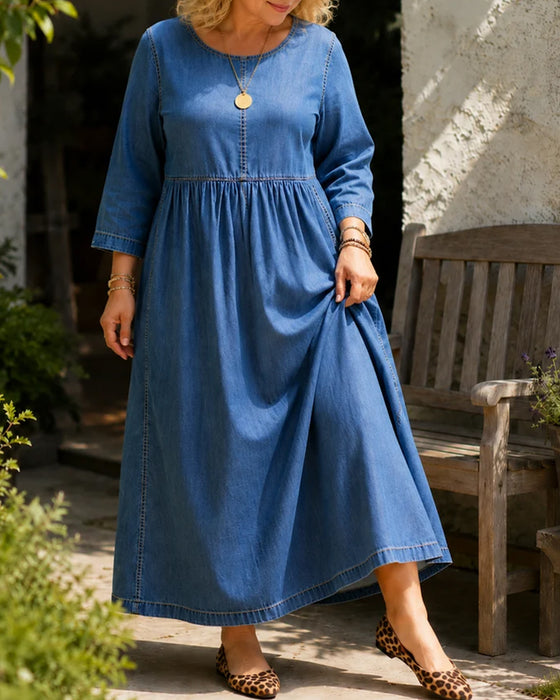 Kleid Rundhals Plissiert Langer Ärmel Denim