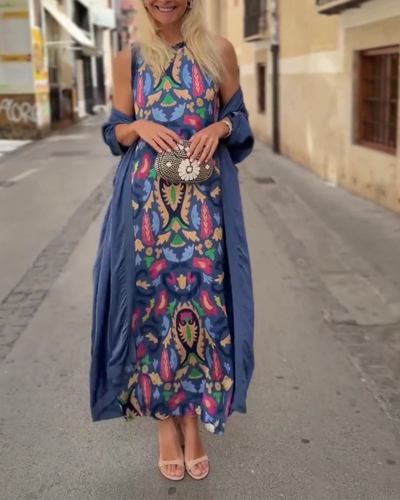 Set Ärmelloses Langes Kleid Mit Langer Strickjacke