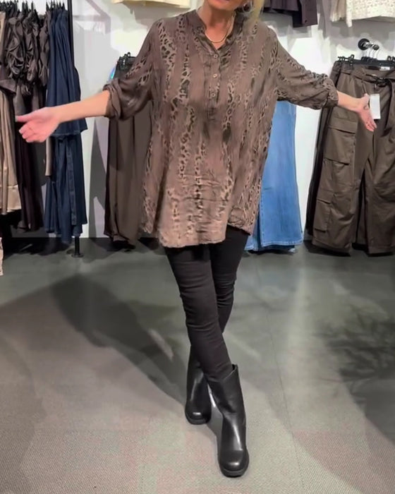 Bluse V-Ausschnitt Knopf Vorne Leopard Druck Locker