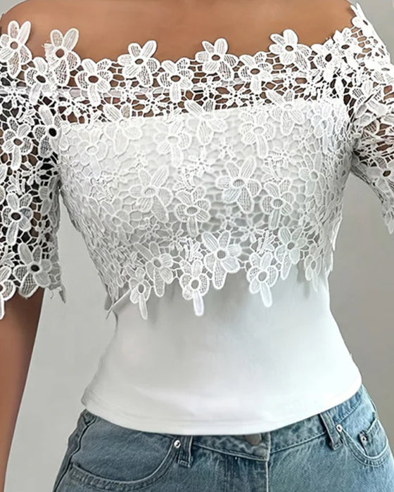 Bluse Off-Shoulder Blumig Spitze Oberteil