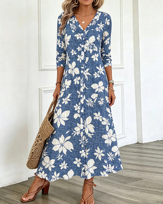 Kleid V-Ausschnitt Blumen Hemd