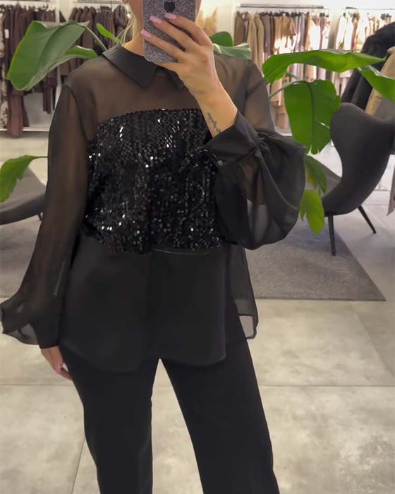 Bluse Uni-Farbe Puffärmel Kragen