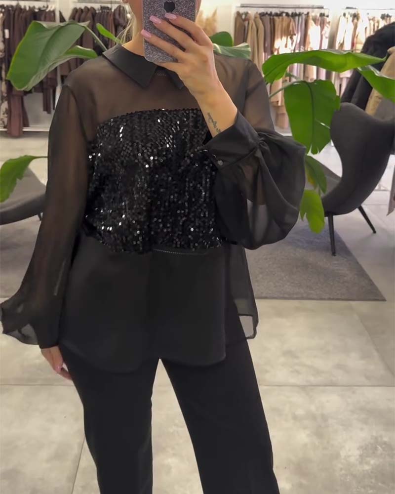 Bluse Uni-Farbe Puffärmel Kragen