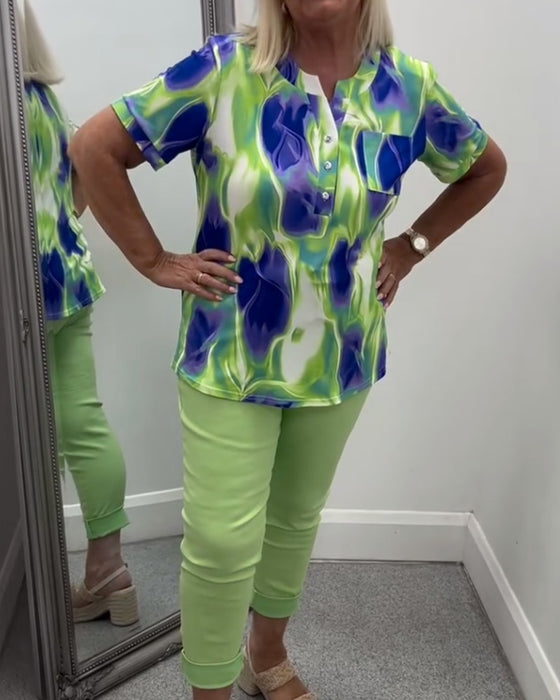 Bluse Henley Ausschnitt Ombre Druck Kurzarm Tasche