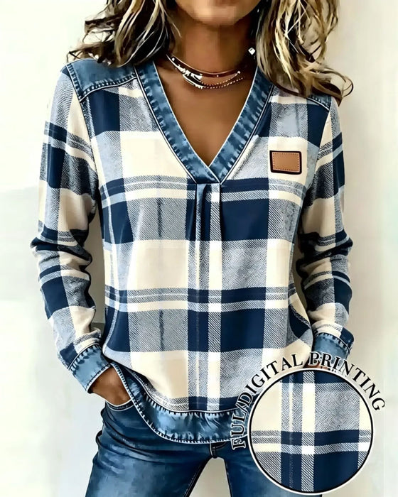 Oberteil V-Ausschnitt Karo Denim Patchwork