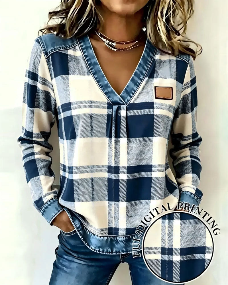 Oberteil V-Ausschnitt Karo Denim Patchwork