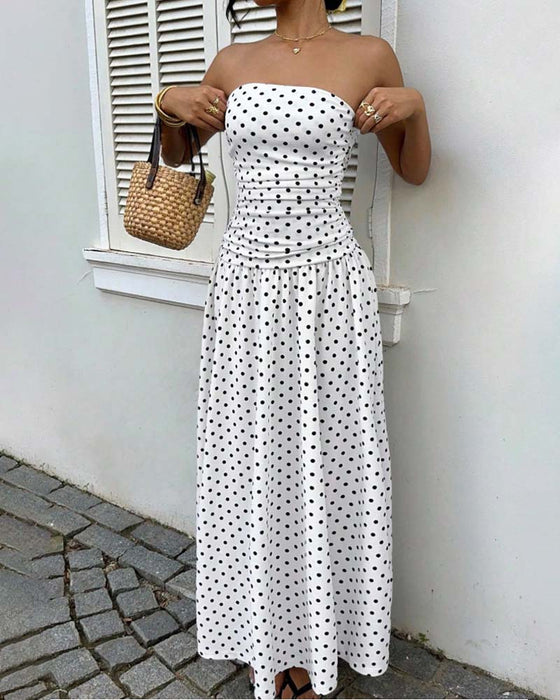 Kleid Tupfen Bandeau A-Linie Lang