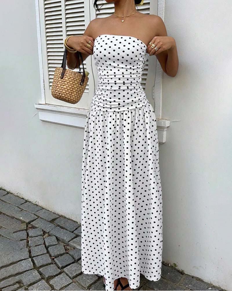 Kleid Tupfen Bandeau A-Linie Lang