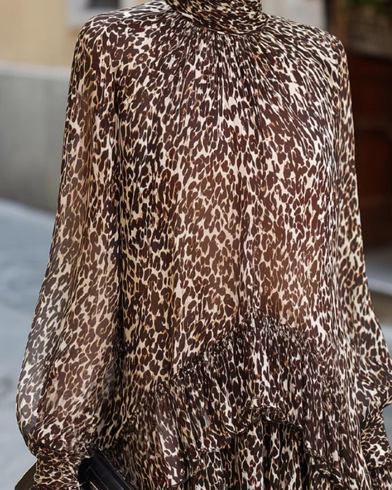 Bluse Rollkragen Rüsche Leopard
