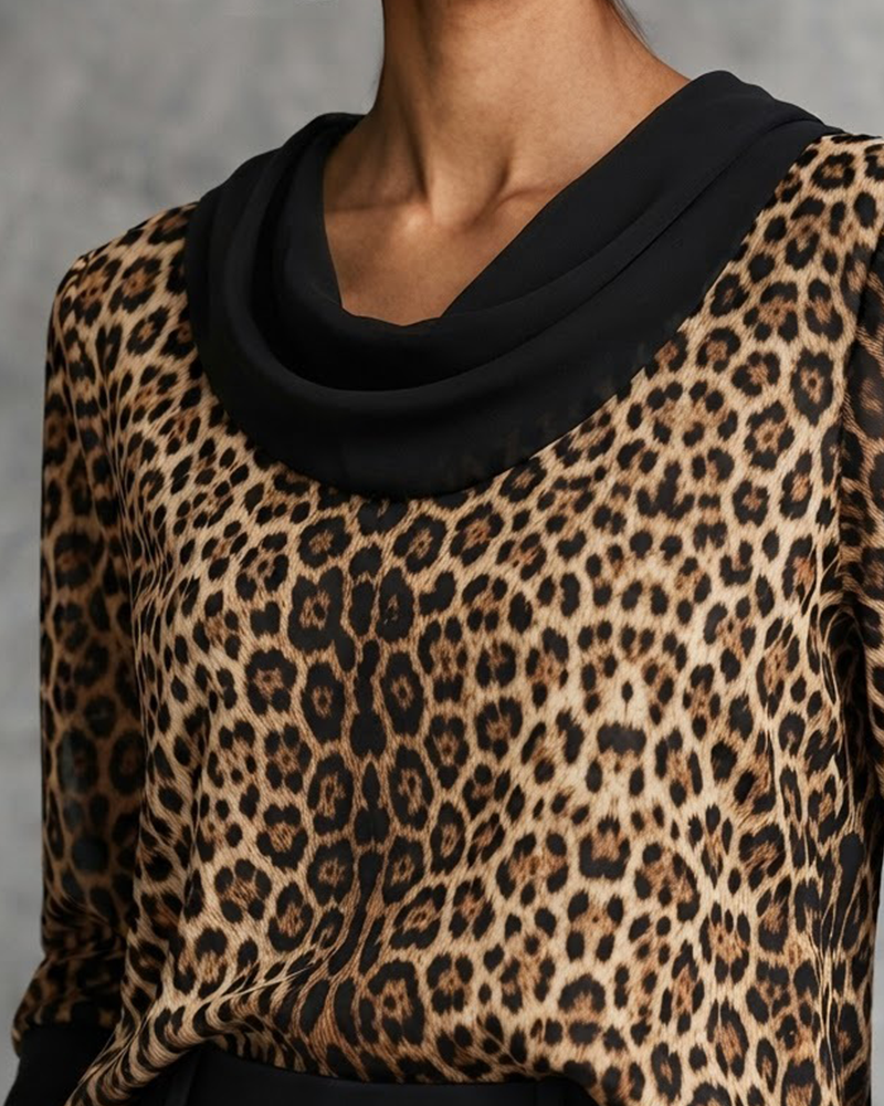 Bluse Mock Neck Leopard Ellenbogenlang Ärmel
