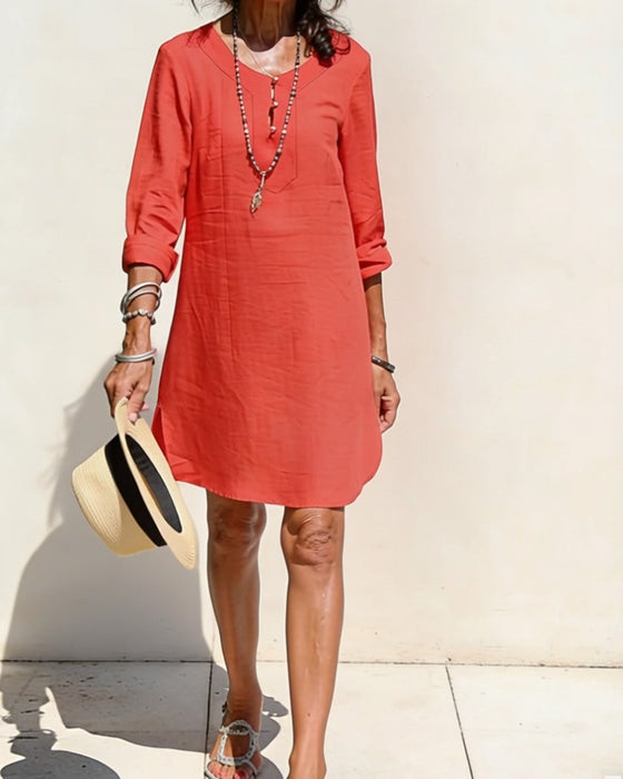 Kleid Halbe Knopfleiste Seitenschlitz Baumwolle Und Leinen